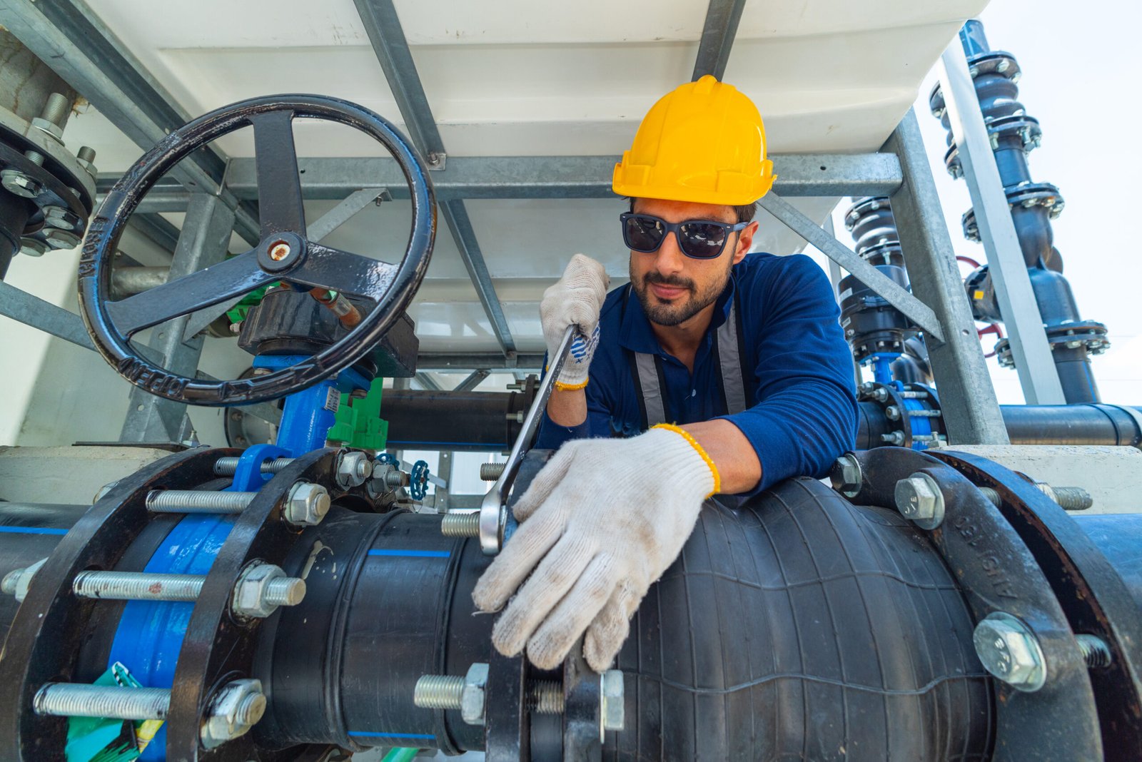 Two industrial technicians wearing helmets and safety gear tightening a pipeline connection with a large wrench inside mechanical facility infrastructure.