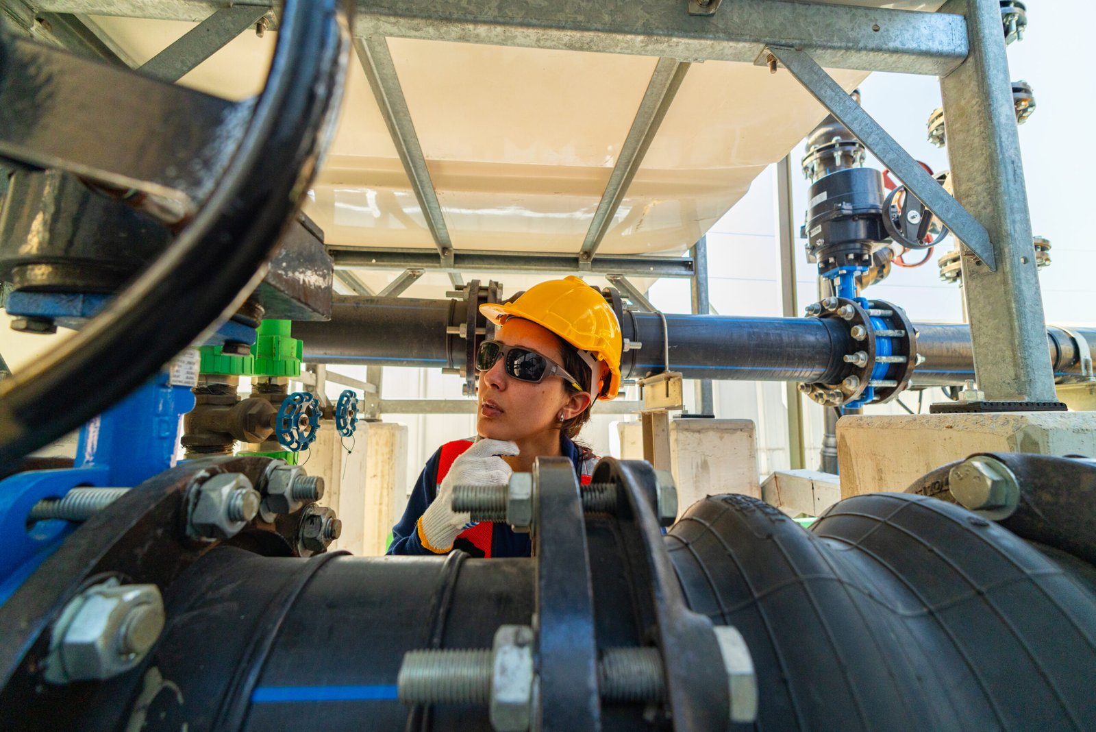 Two industrial technicians wearing safety helmets adjusting a large valve on heavy pipeline infrastructure at an industrial facility.